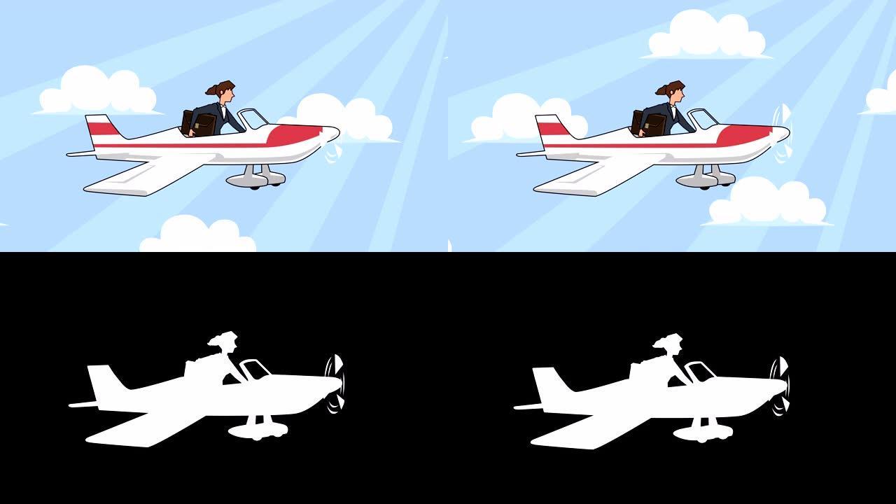 平面卡通女商人角色，带箱包，红色飞机动画，带阿尔法哑光