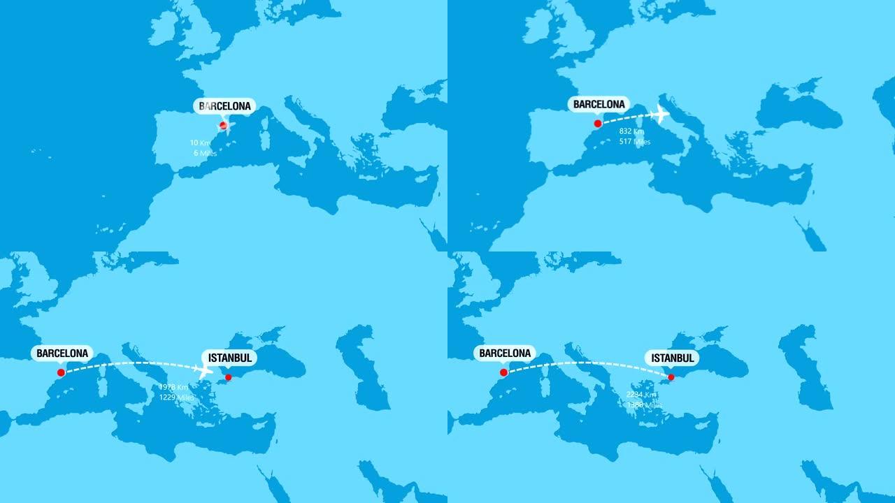 巴塞罗那至伊斯坦布尔的航班旅行路线
