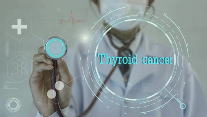 甲状腺癌。医生使用听诊器的医学背景。未来技术。数据全息图健康概念。