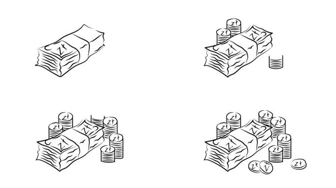 一捆钞票和一叠硬币的动画。波兰兹罗提。波兰。