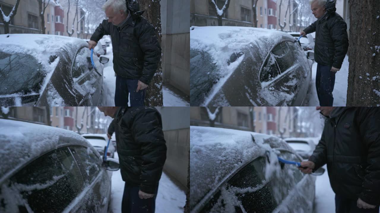 老人除雪并试图上车