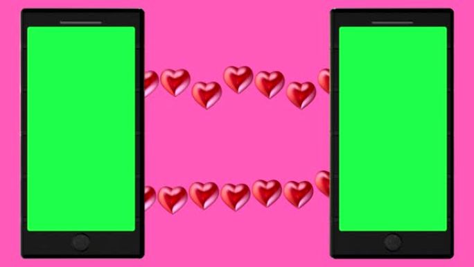 两款带有绿色屏幕和粉红色红心概念的智能手机