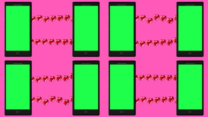 两款带有绿色屏幕和粉红色红心概念的智能手机
