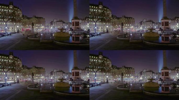 特拉法加广场/炭化十字在夜间的静态、延时
