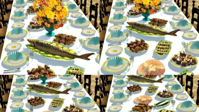 配有鱼菜的桌子