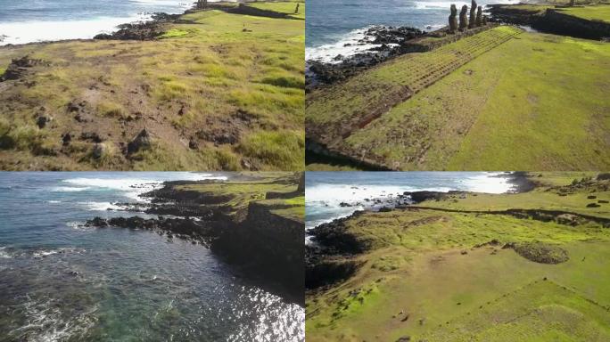 复活节岛的Ahu Vai Uri和Ahu Tahai Moais平台上的航拍画面。一架近距离无人机穿
