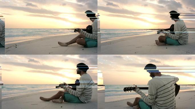 年轻美丽的男人在海洋海滩海边在夏天日出或日落时弹吉他 -- 万向节steadicam高清视频片段