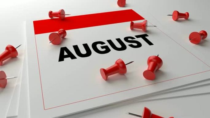 白色背景上的红色8月日历，带红色别针