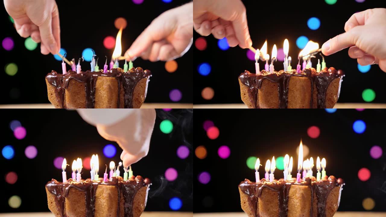 男人在巧克力蛋糕上点燃生日蜡烛。特写4k镜头