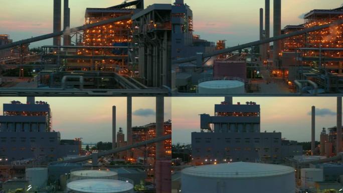 日落时分的联合热电厂，鸟瞰大型联合循环电厂。