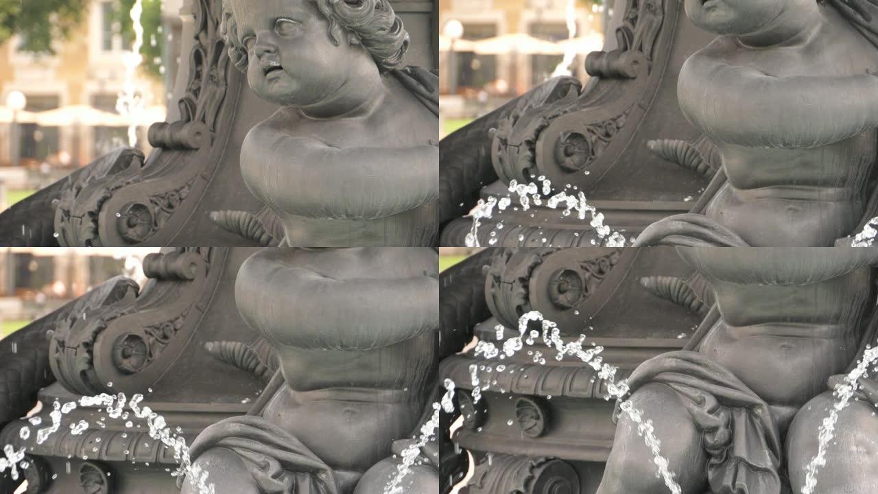 斯图加特喷泉上的小天使脸的特写