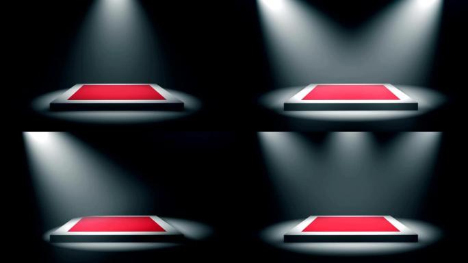 空的方形讲台，基座或平台用音量聚光灯照亮红地毯。黑色背景上的一组明亮的探照灯。数字3d动画。