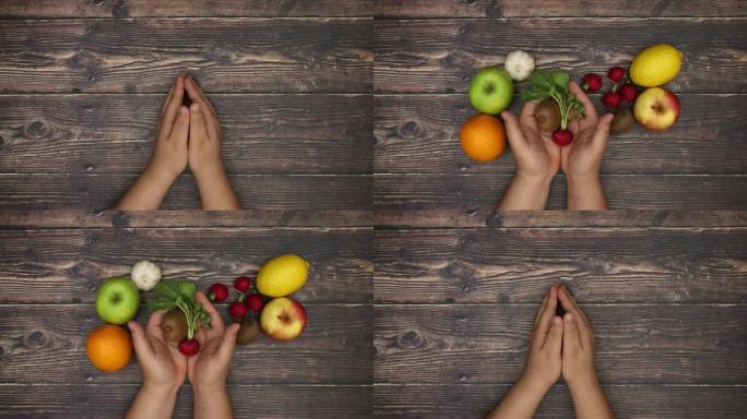 水果和蔬菜从手-停止运动