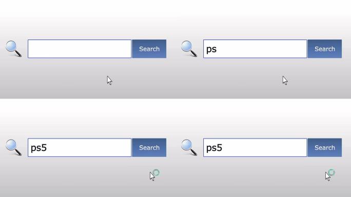 Ps5-图形浏览器搜索查询，网页，用户输入搜索相关结果，计算机互联网技术。网页浏览打字字母，填写表格