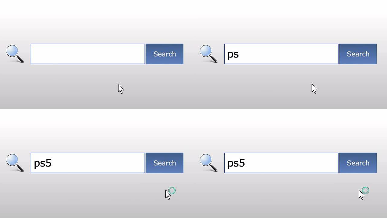 Ps5-图形浏览器搜索查询，网页，用户输入搜索相关结果，计算机互联网技术。网页浏览打字字母，填写表格