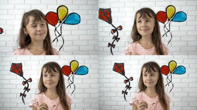 孩子画气球和放风筝。