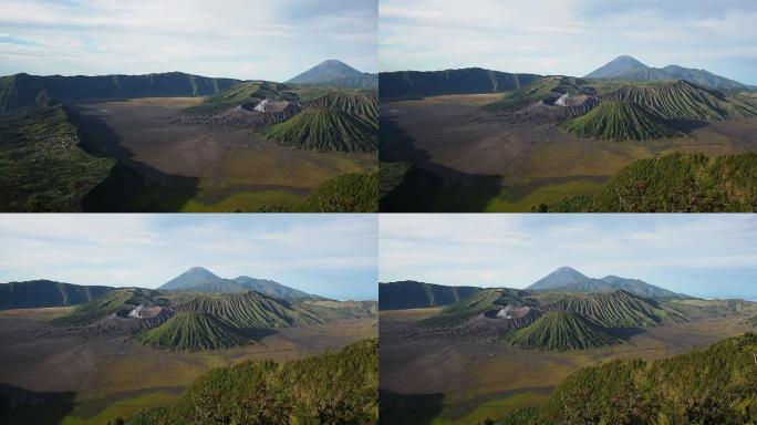 印度尼西亚爪哇Gunung Bromo火山和Cemoro Lawang村的全景