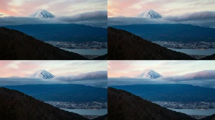 日本河口乡富士山后面移动的夜云的延时