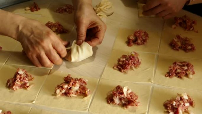 一个女人正在为馄饨准备面团，用肉制作馄饨，制作馄饨面团，糕点，