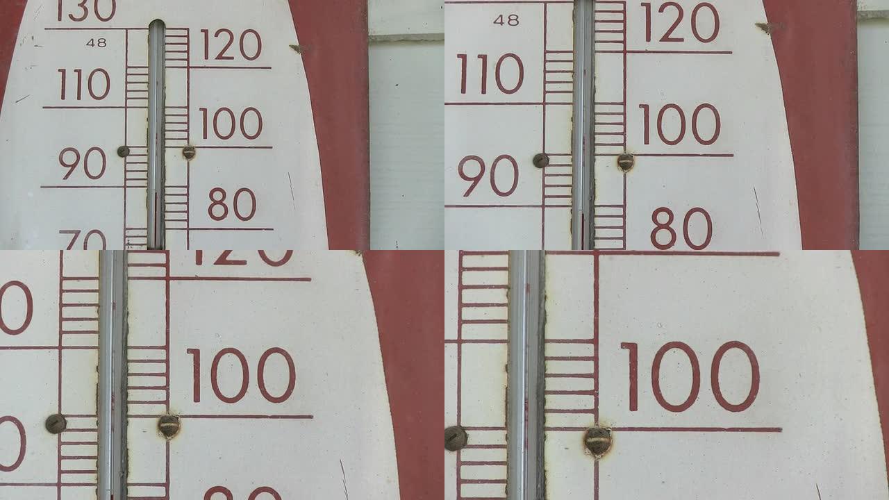 旧温度计显示100华氏特写变焦