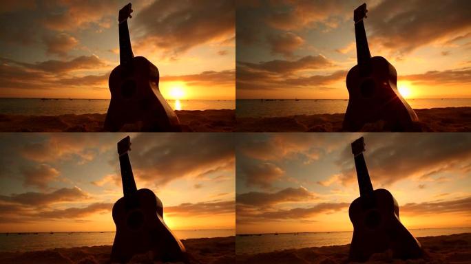 夏威夷概念，日落时海滩上的夏威夷四弦琴