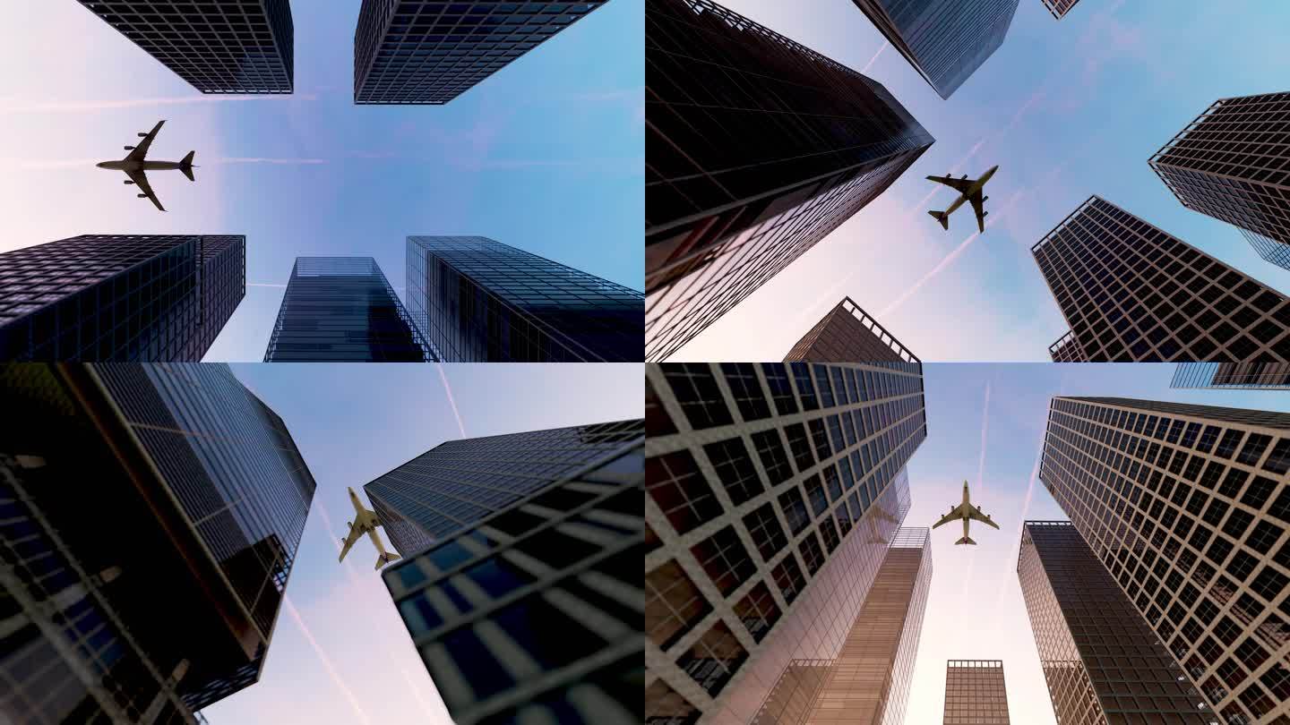 飞机飞过现代都市高楼