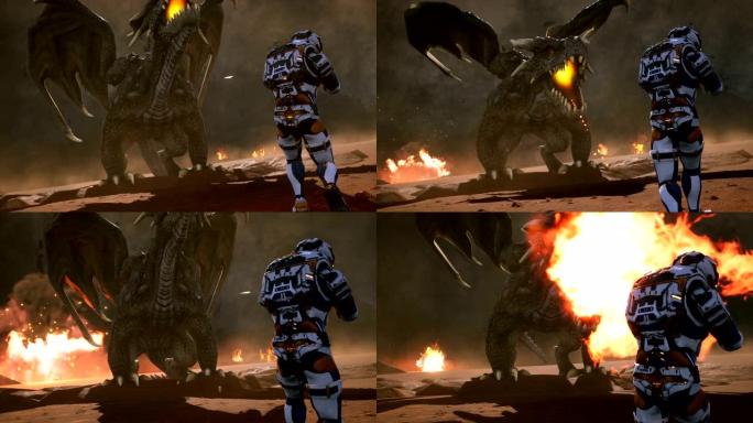 宇航员对抗龙。在一个未知的星球上，爆炸、枪击和烟雾史诗般的战斗。3D动画幻想背景。