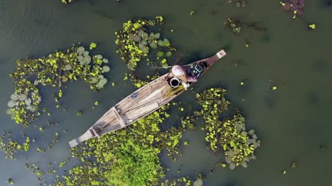 一名妇女坐在独木舟的船头，用手网在池塘里抓螃蟹的头顶无人机射击
