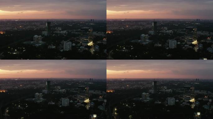 日落时间班加罗尔城市景观摩天大楼建设高空中全景4k印度
