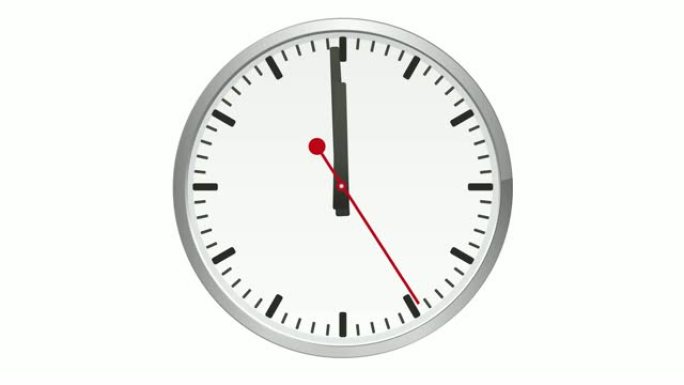 白色背景上的模拟时钟，一分钟到十二小时。秒针移动正好一分钟
