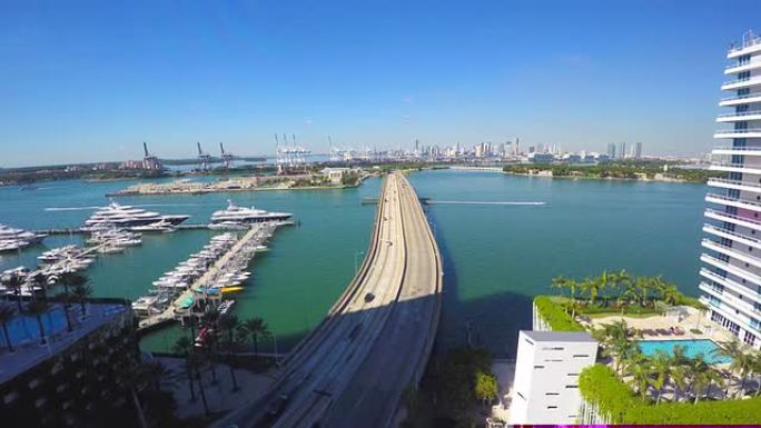 迈阿密海滩和麦克阿瑟大桥的航拍视频