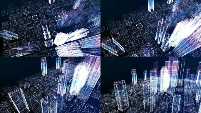 未来大城市概念的能源动力，霓虹灯网络光摩天大楼商业区建筑仿真技术数字飞越视图，蓝色主题4k运动图形镜