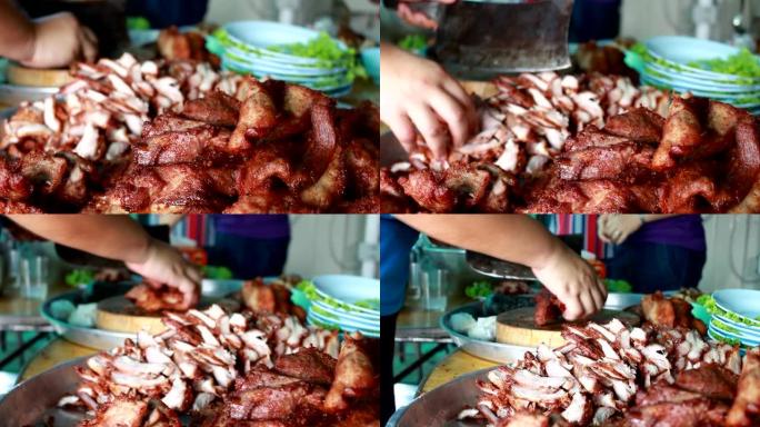厨师购买了炸猪肉，为许多顾客服务。手部运动做活动。