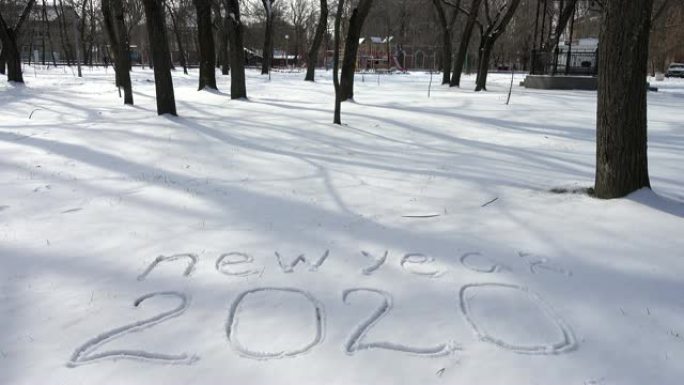 在雪地上题字新年。