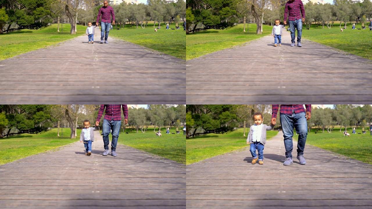 非洲裔美国父亲带着小混血儿在公园散步