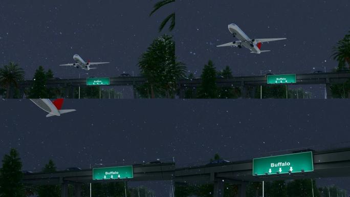 飞机在下雪的夜晚从美国布法罗机场起飞