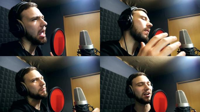 耳机男歌手在sound studio的麦克风中唱歌。年轻人在情感上录制新的旋律或歌曲。创意音乐家的工