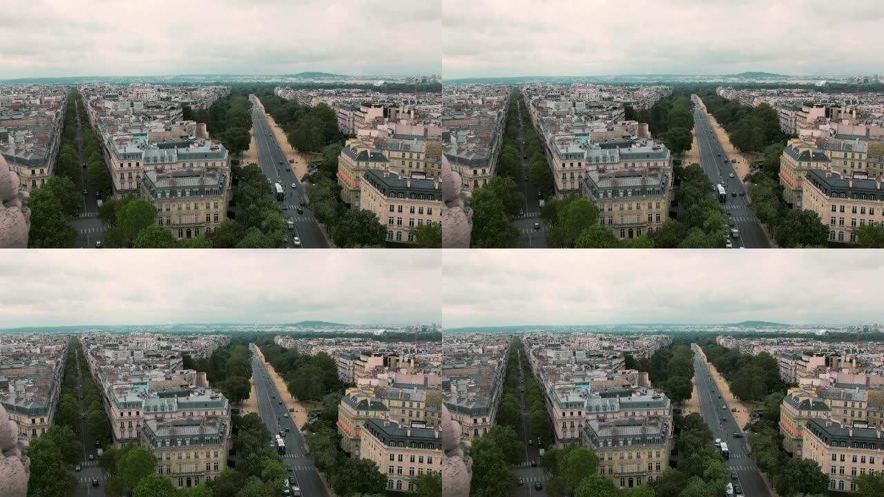 从上面看，在法国巴黎的屋顶上慢动作。城市景观汽车在路上。从凯旋拱门射出。特写