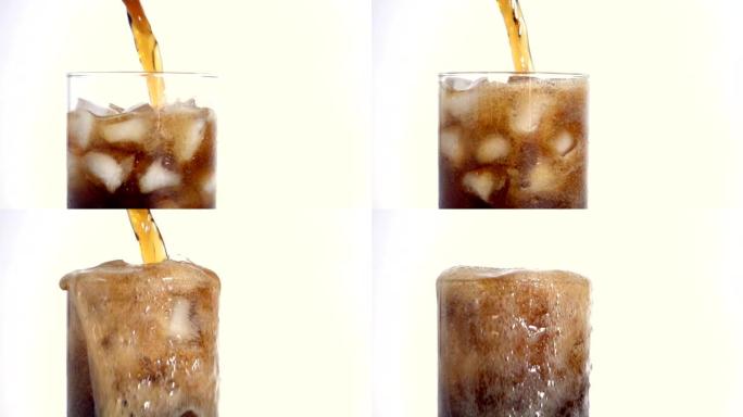 慢动作: 可乐倒入水杯中