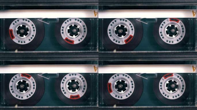录音磁带。老式磁带录音机播放插入其中的音频磁带