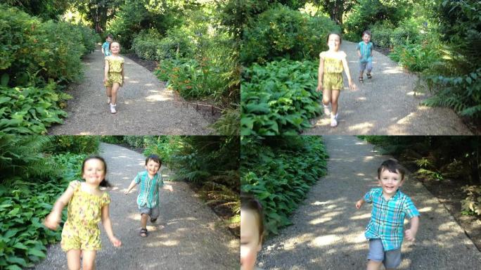 孩子们沿着花园小径跳跃