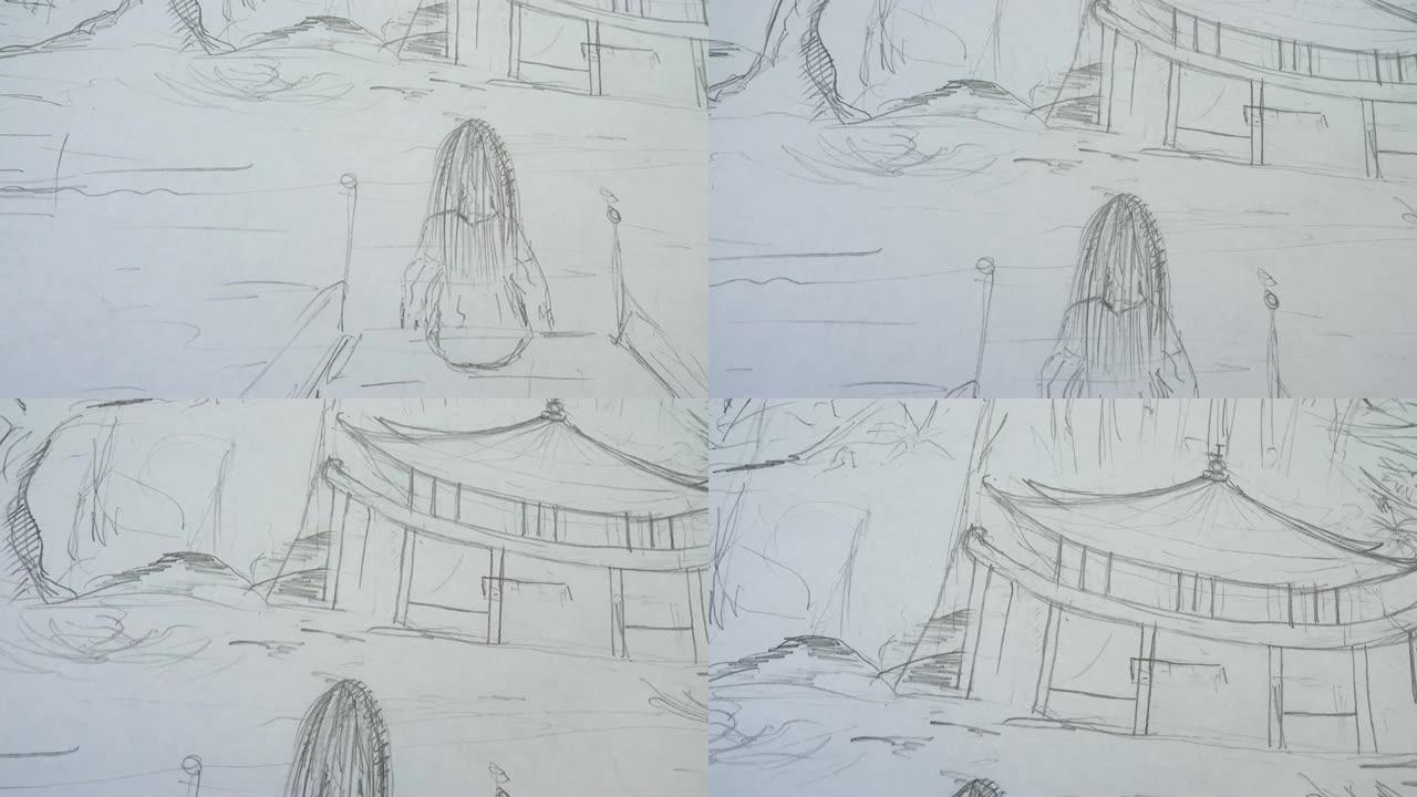 树木和房子，画铅笔。