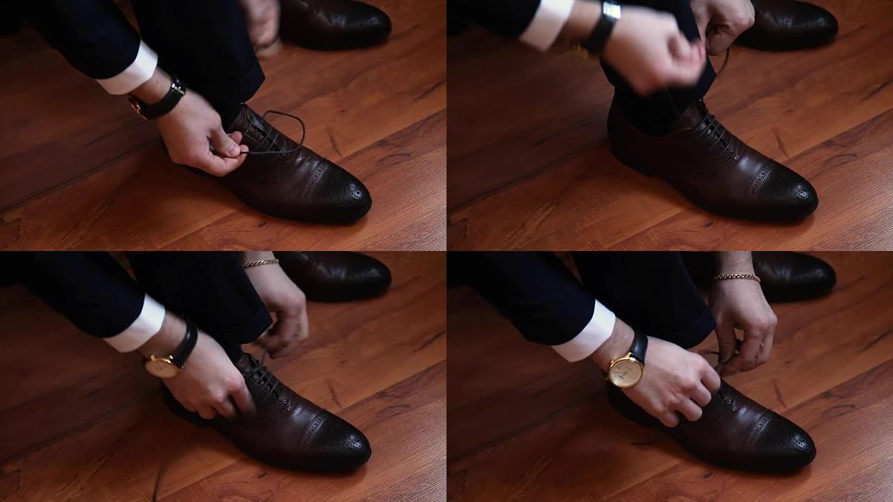 男人腿和手系鞋带的特写