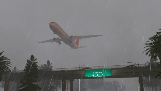 下雨天从美国檀香山机场起飞的飞机
