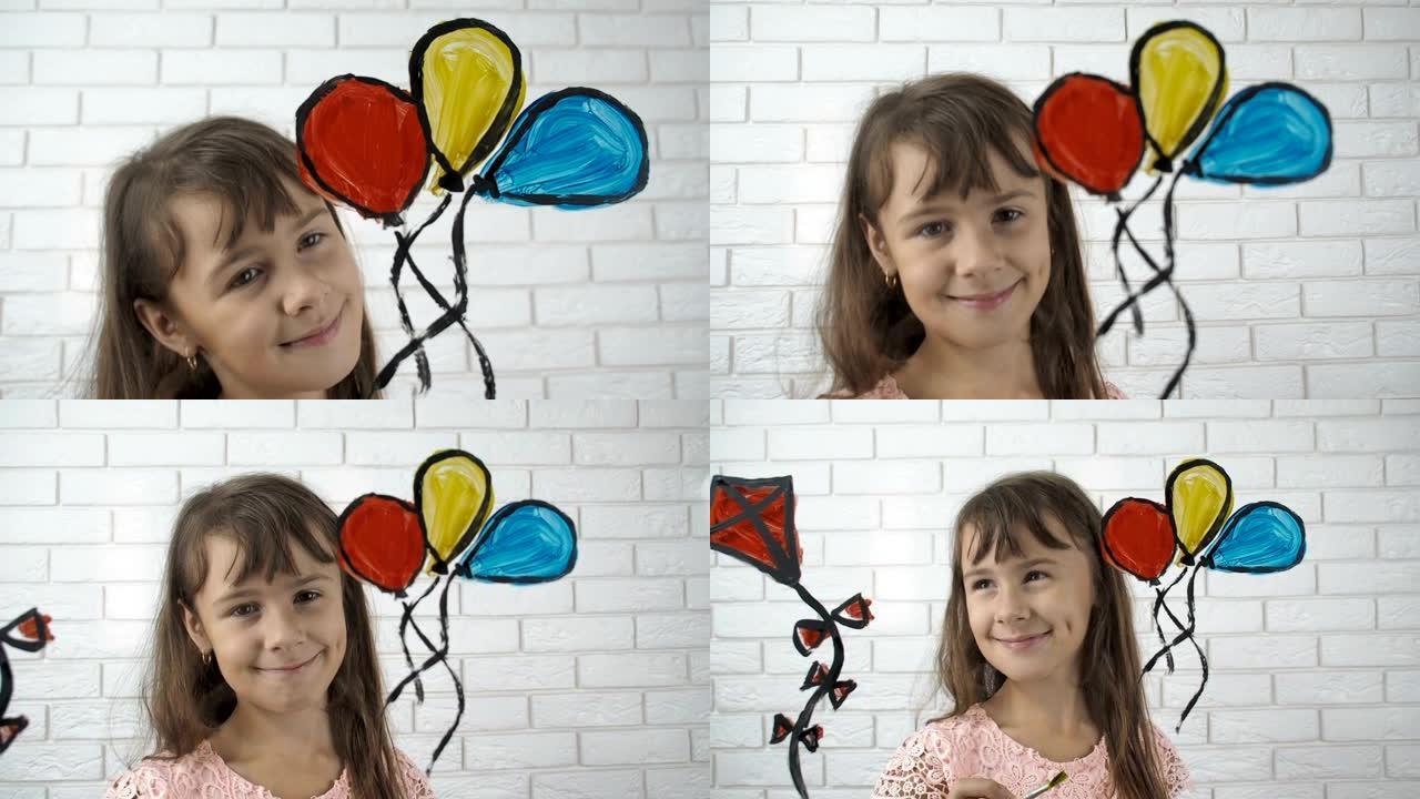 女学生画气球和风筝。