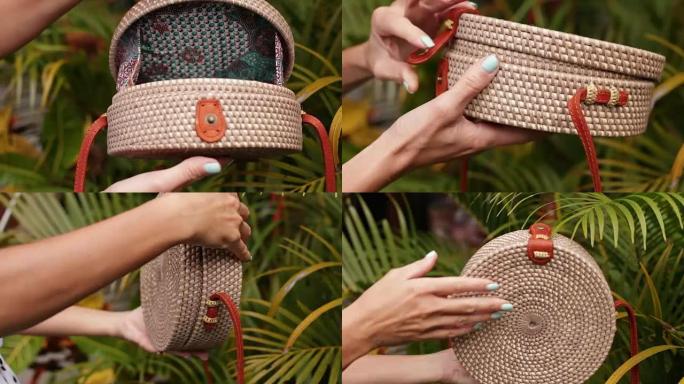 热带花园中时尚的rattand手提包特写