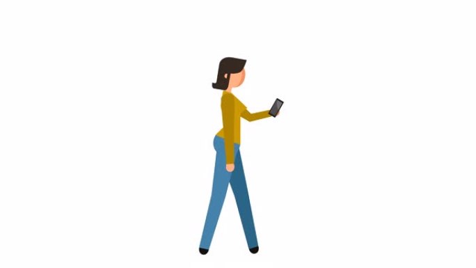 简笔画象形女孩步行自行车与智能手机字符平面动画