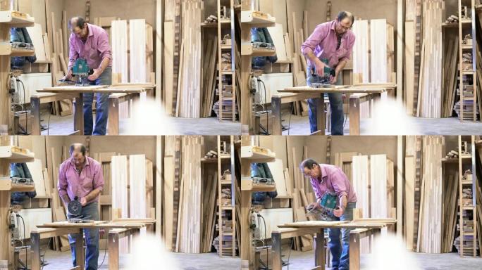 这位65岁的老人安装和调整了电动手动铣床。小型家具厂的木制品。