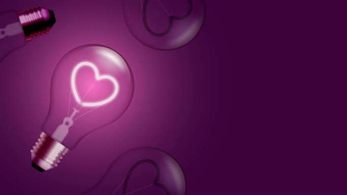 字母白炽灯泡闪烁开关设置爱情心脏跳动情人节概念，插图孤立发光粉红色渐变背景无缝循环动画4K，带复制空