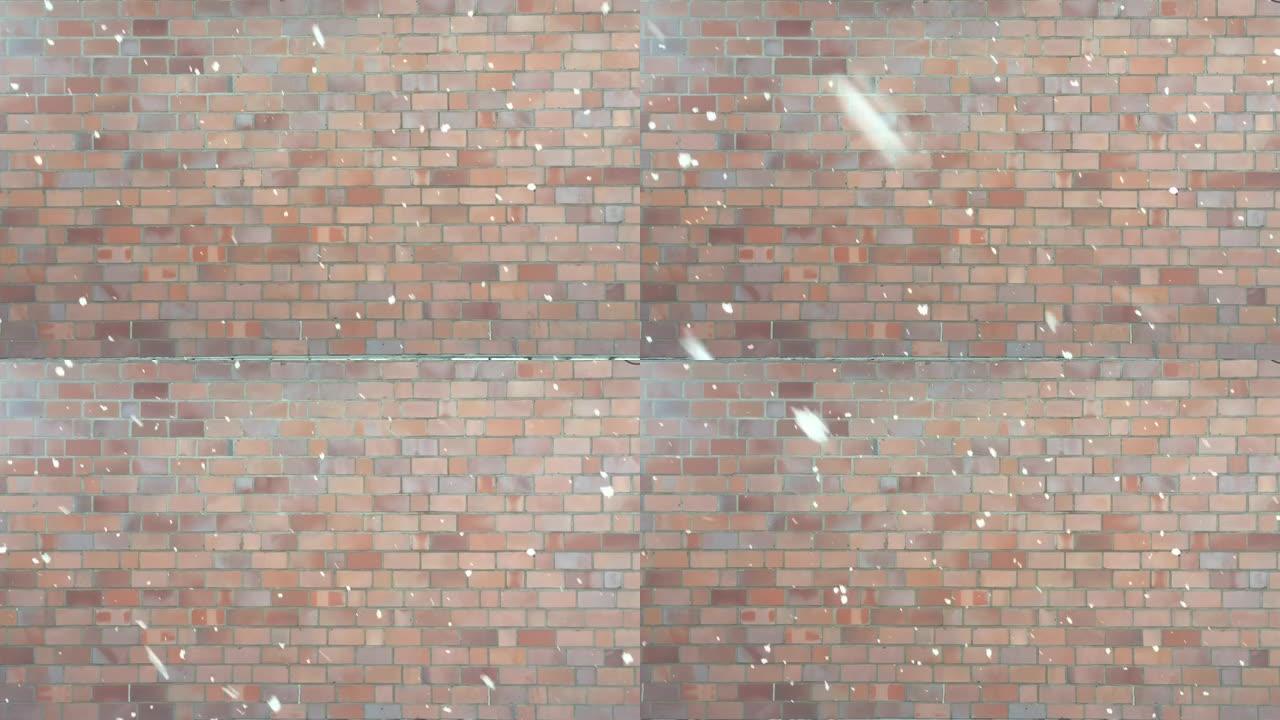 大片雪花正在飘落。在红色砖墙的背景下下雪。视频。